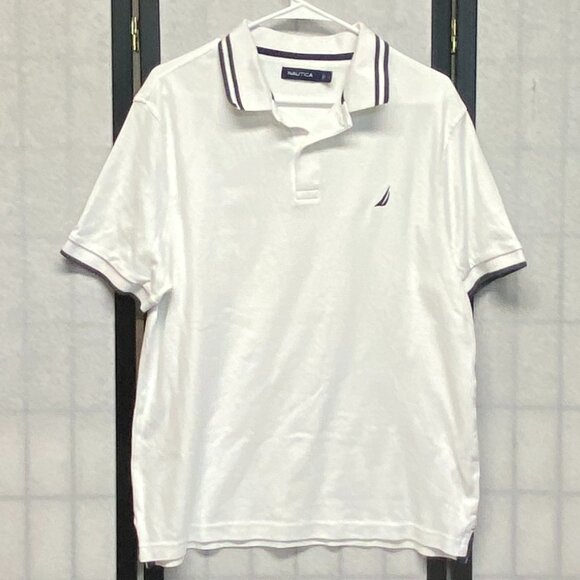Nautica Short Sleeve Striped Band Collar Sleeve 2 Button Polo Shirt White Navy L - Picture 1 of 12